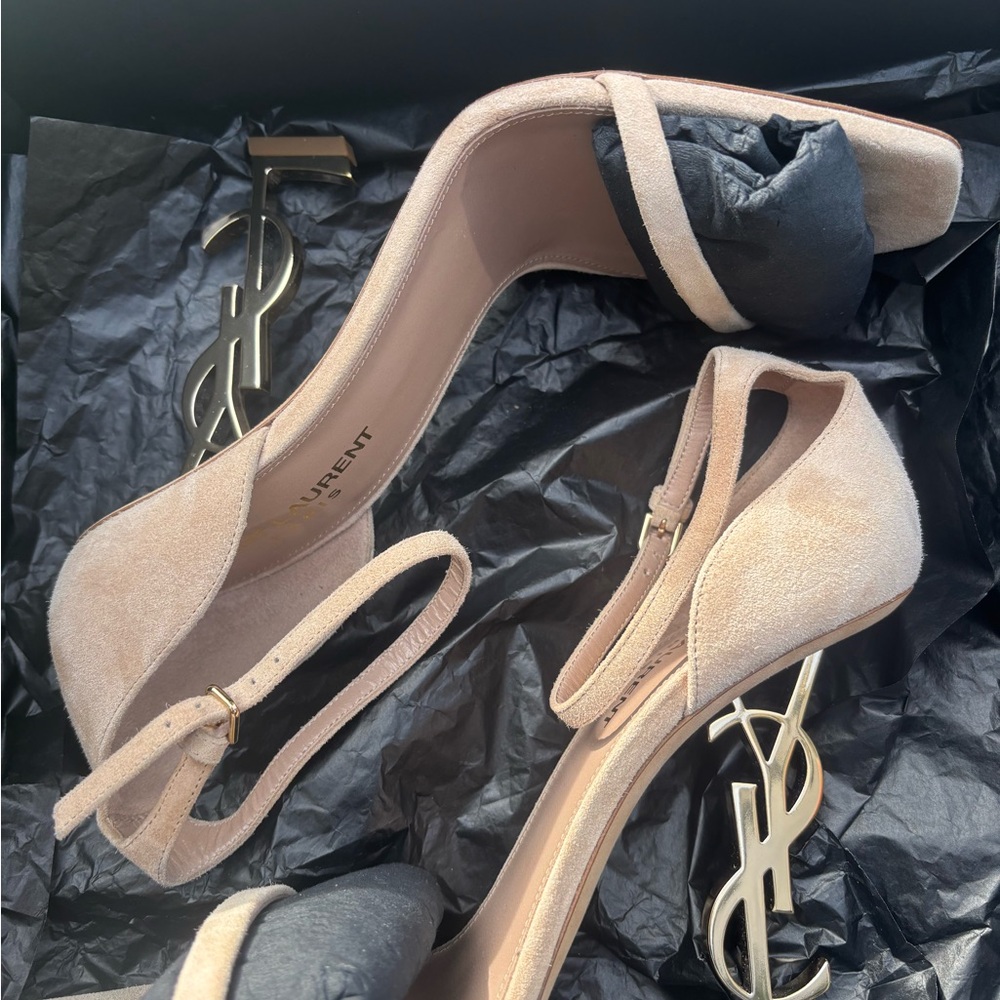 Yves Saint Laurent Nude Suede Heels with Gold Accents